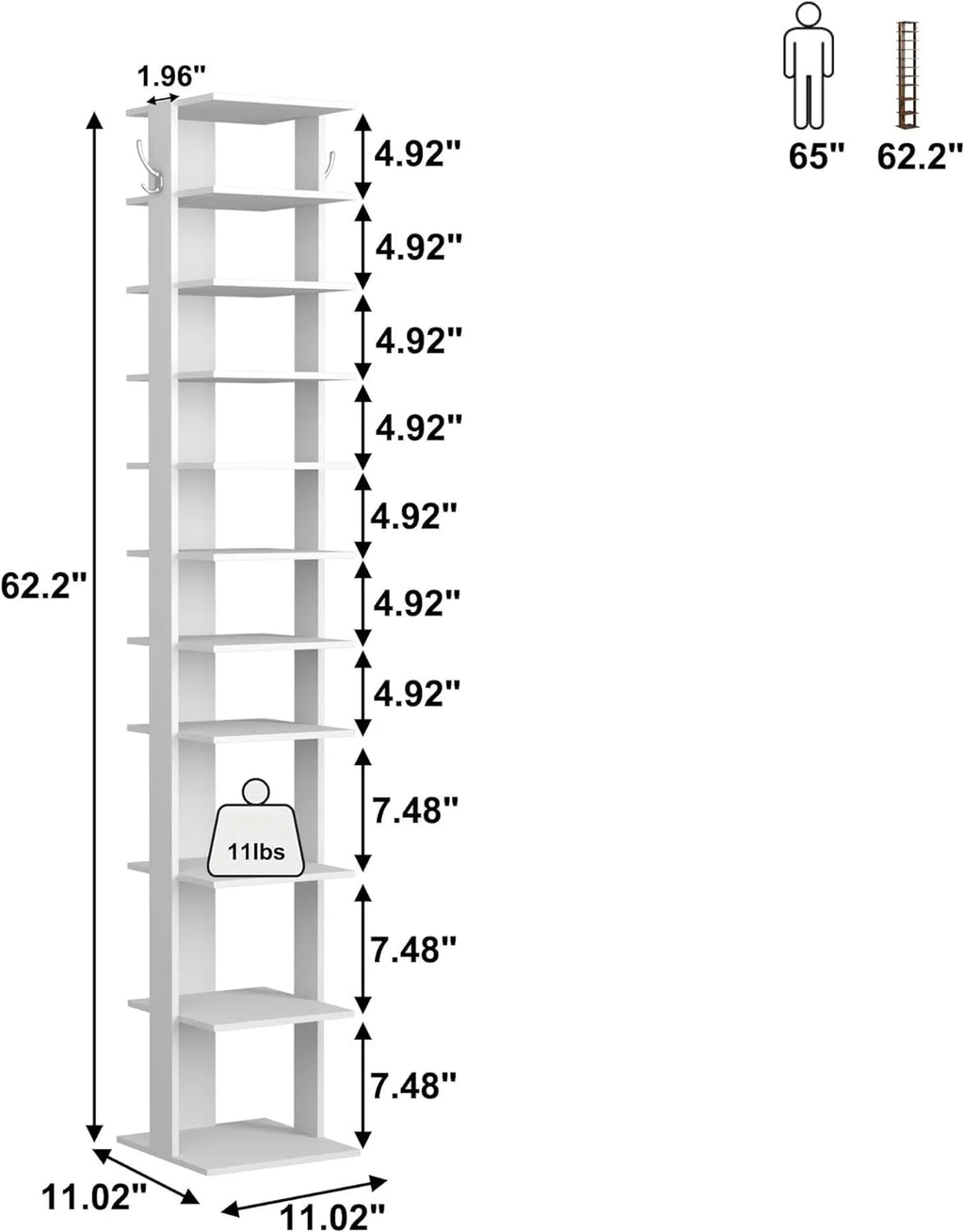 10-Tier Vertical Shoe Rack, Corner Shoe Tower, Slim Shoe Organizer with Two Hanging Hooks, Wooden Shoe Storage Stand (White) B90570