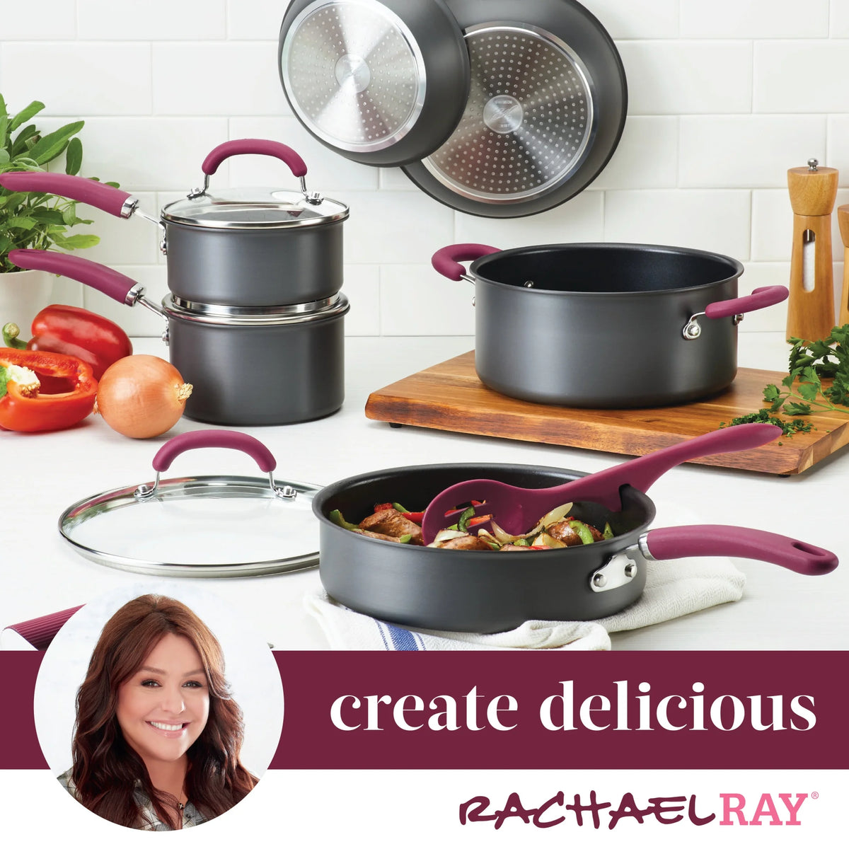 11 Piece Nonstick Pots and Pans Set, Burgundy Handles R252