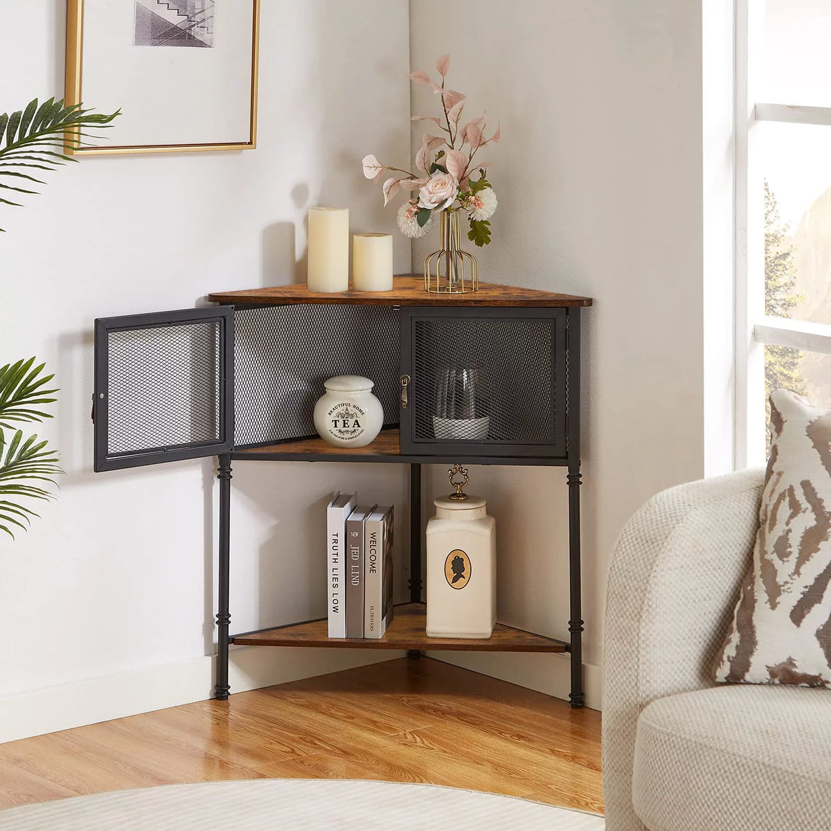 Brown 3-Tier Corner Shelf with Storage Cabinet F72408
