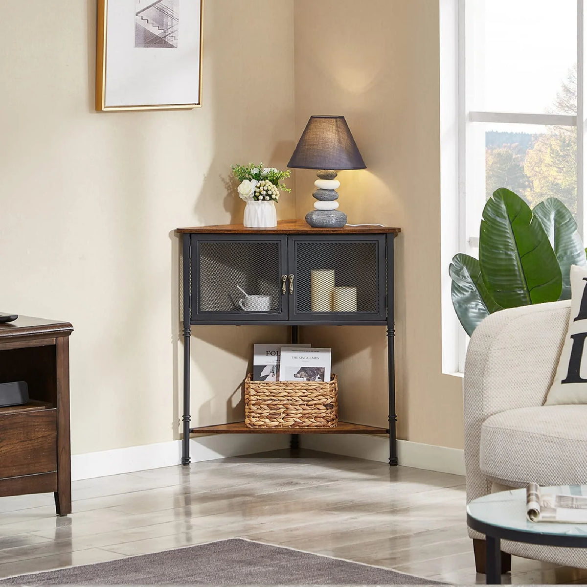 Brown 3-Tier Corner Shelf with Storage Cabinet F72408