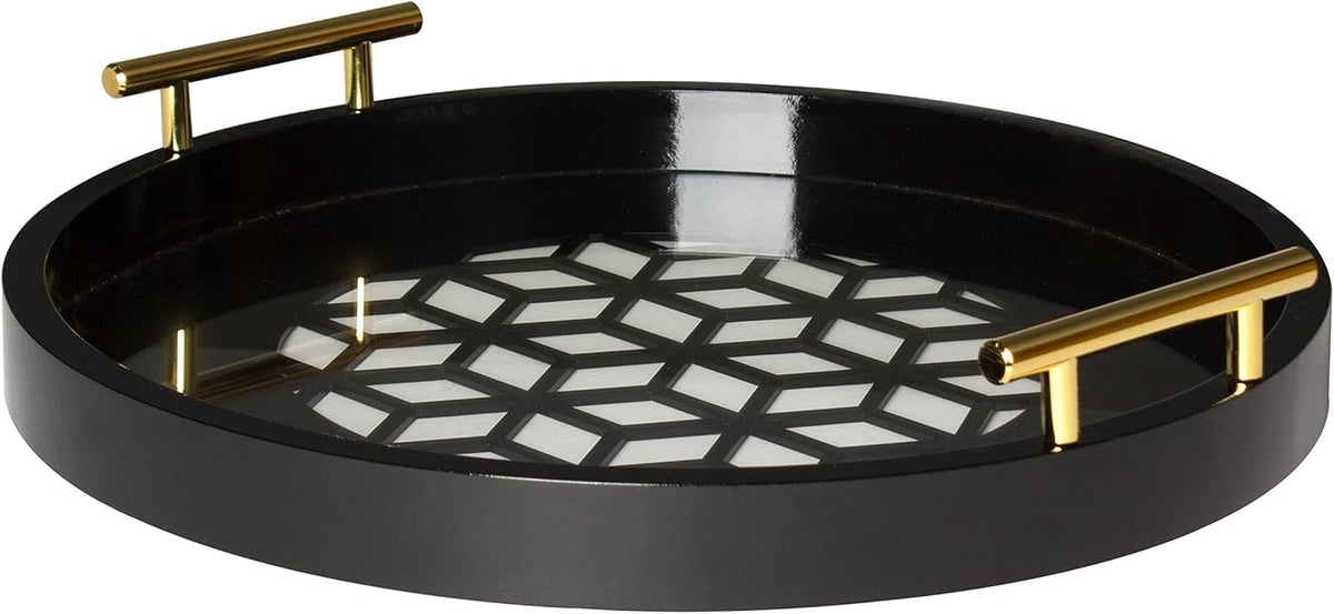 Navy and Gold Round Decorative Tray with Metal Handles, 15.5, Pack of 2 S98690