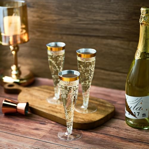 100 Pack 4.5 Oz Gold Rim Clear Plastic Champagne Flutes B12073
