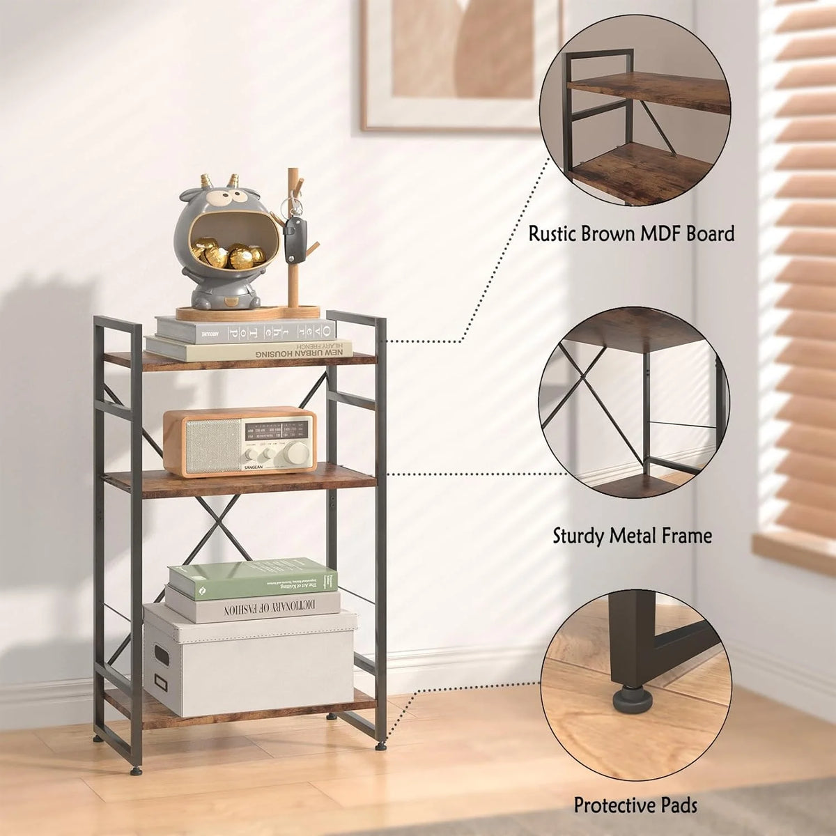 3 Tiers Rustic Brown Wooden Bookshelf X46238