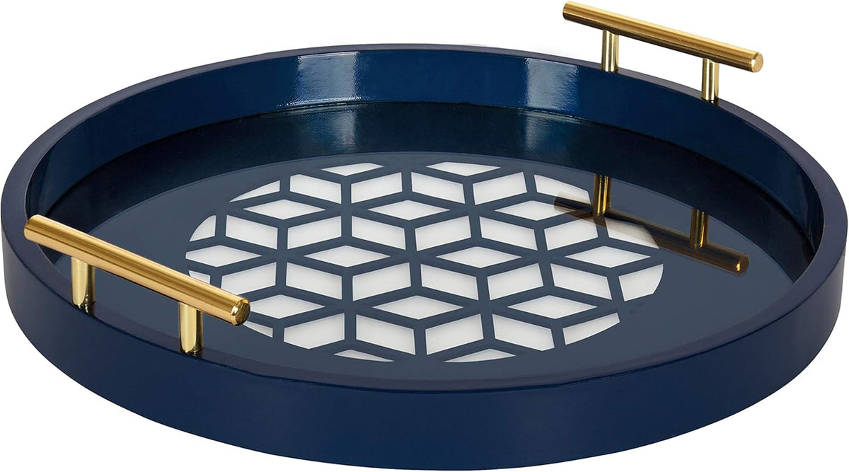 Navy and Gold Round Decorative Tray with Metal Handles, 15.5, Pack of 2 S98690