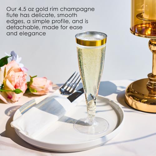 100 Pack 4.5 Oz Gold Rim Clear Plastic Champagne Flutes B12073