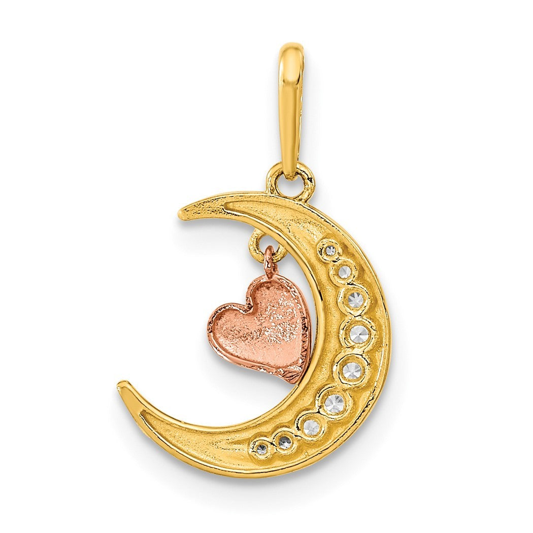14k Two tone Gold CZ Moon Heart Pendant Necklace V987070