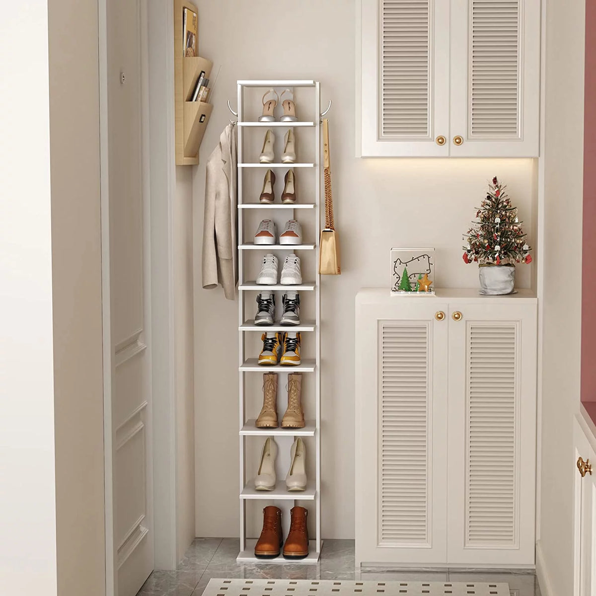 10-Tier Vertical Shoe Rack, Corner Shoe Tower, Slim Shoe Organizer with Two Hanging Hooks, Wooden Shoe Storage Stand (White) B90570