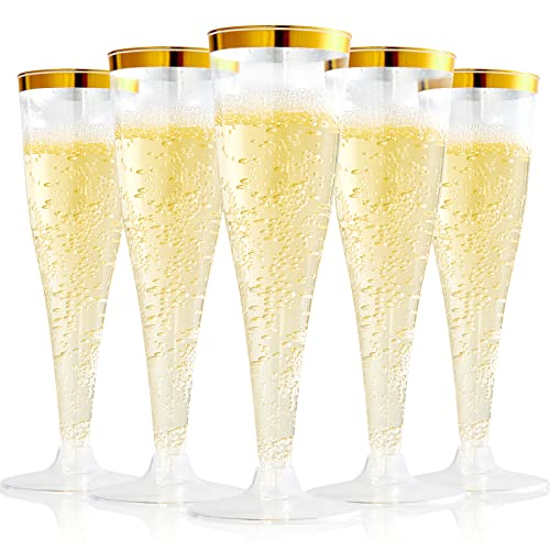 100 Pack 4.5 Oz Gold Rim Clear Plastic Champagne Flutes B12073