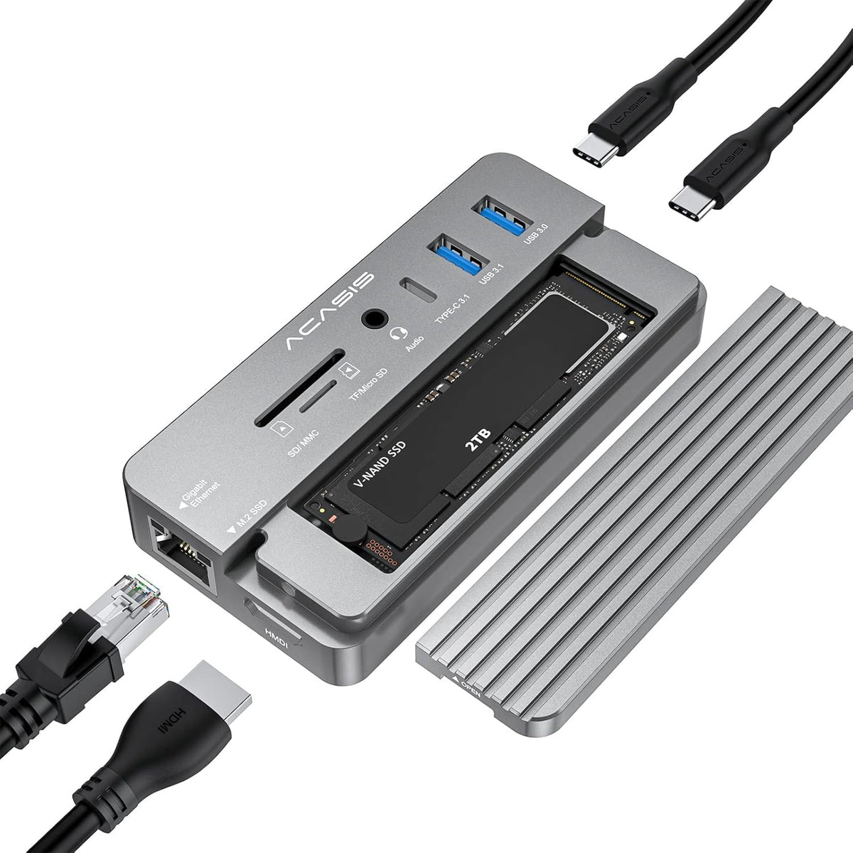 10-in-1 USB-C Docking Station with M.2 NVME and SATA SSD Enclosure HDMI Grey A702