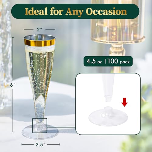 100 Pack 4.5 Oz Gold Rim Clear Plastic Champagne Flutes B12073