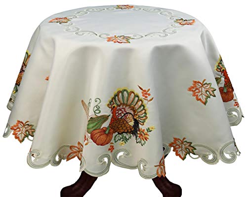 Ivory Embroidered Thanksgiving Tablecloth 52” Round Topper D614600