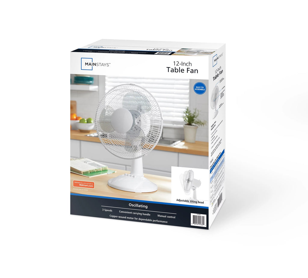 12-inch 3-Speed Oscillating Table Fan, White D587