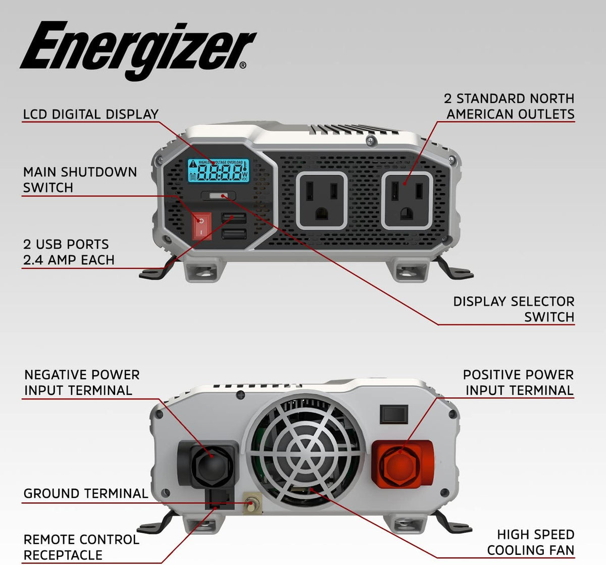 1500 Watts Modified Sine Wave Car Inverter, 12v to 110v, Two AC Outlets, Two USB Ports (2.4 Amp), DC to AC Converter N72652