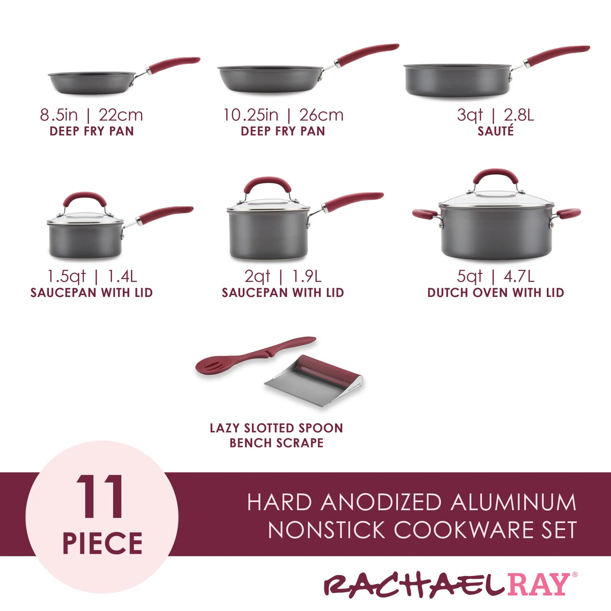 11 Piece Nonstick Pots and Pans Set, Burgundy Handles R252