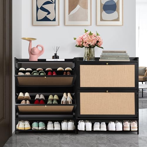 Shoe Cabinet Set of 2 Wooden Narrow Shoe Racks with 2 Flip Drawers W884