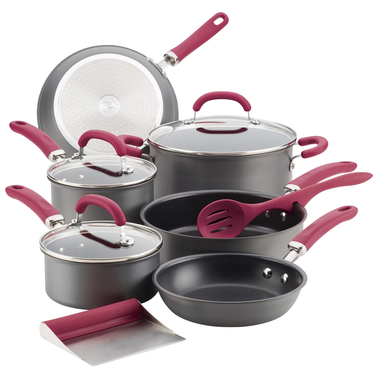 11 Piece Nonstick Pots and Pans Set, Burgundy Handles R252