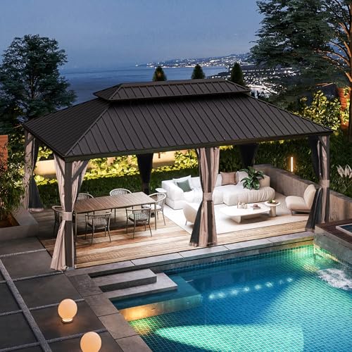 10’ x 10’ Gray Hardtop Gazebo with Netting & Curtains C724936