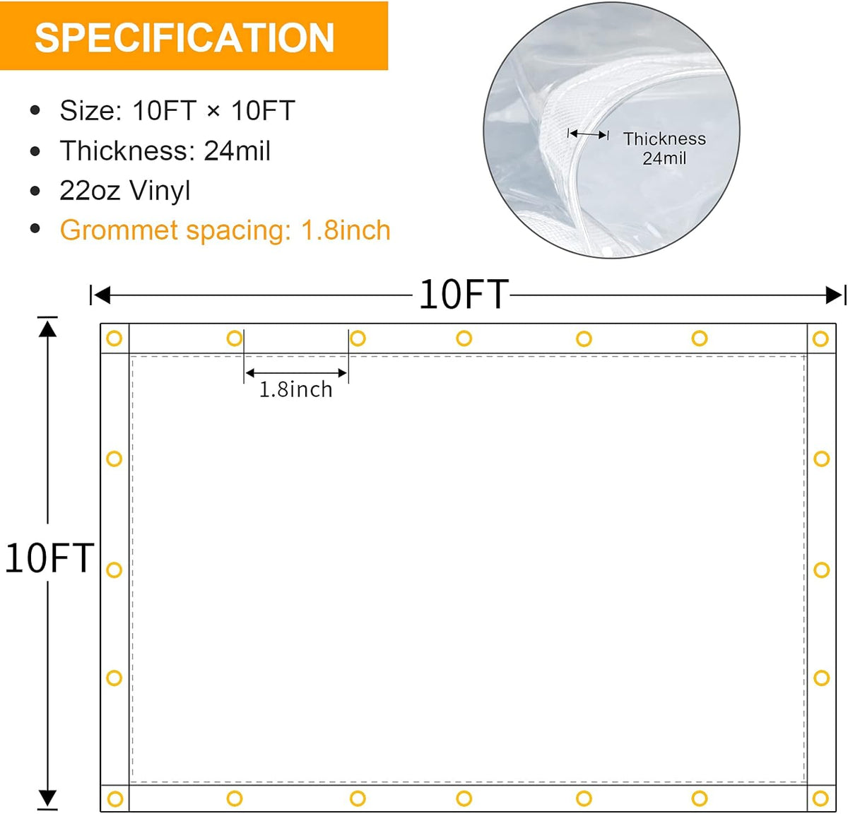 10 x 10FT Clear Waterproof Vinyl Tarp with Grommets V721423