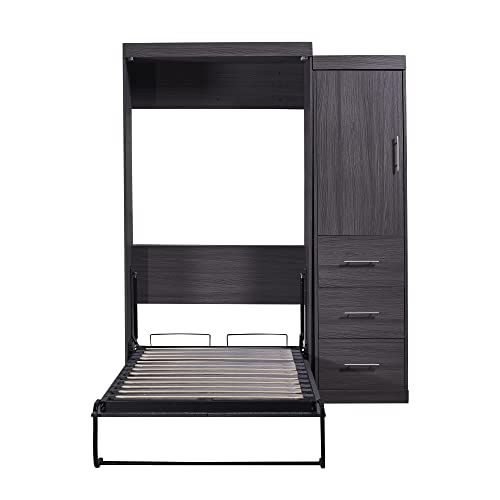 Grey Twin Size Murphy Bed with Wardrobe and Storage Drawers N690
