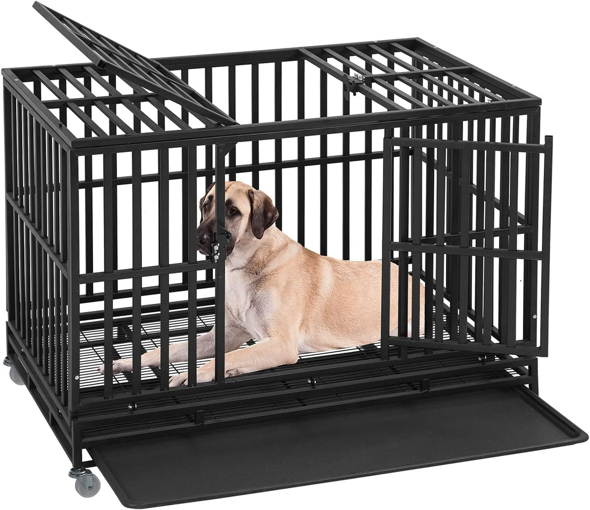 Black 48 Inches Dog Crate with Plastic Tray Double Doors F2018