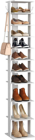 10-Tier Vertical Shoe Rack, Corner Shoe Tower, Slim Shoe Organizer with Two Hanging Hooks, Wooden Shoe Storage Stand (White) B90570