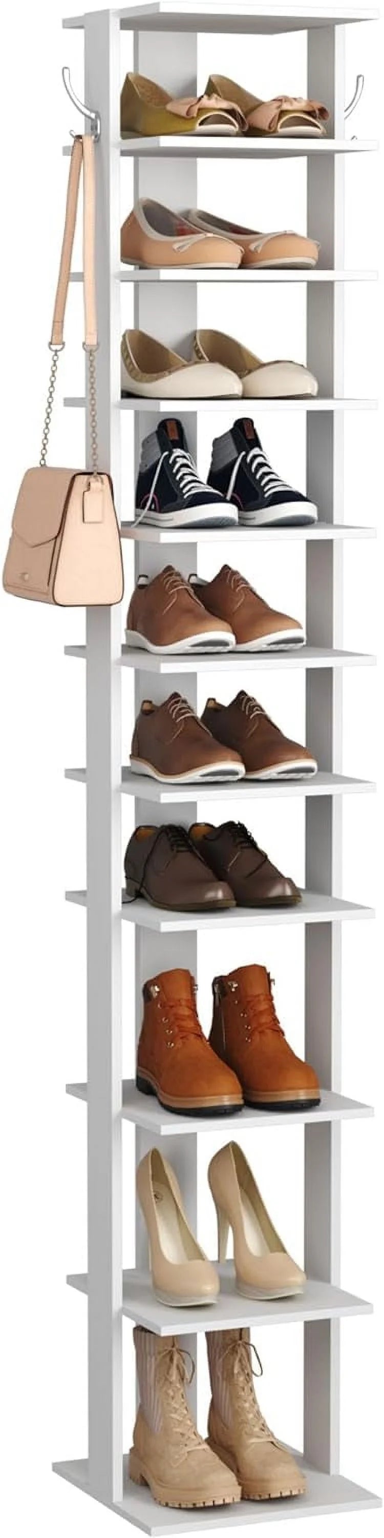 10-Tier Vertical Shoe Rack, Corner Shoe Tower, Slim Shoe Organizer with Two Hanging Hooks, Wooden Shoe Storage Stand (White) B90570