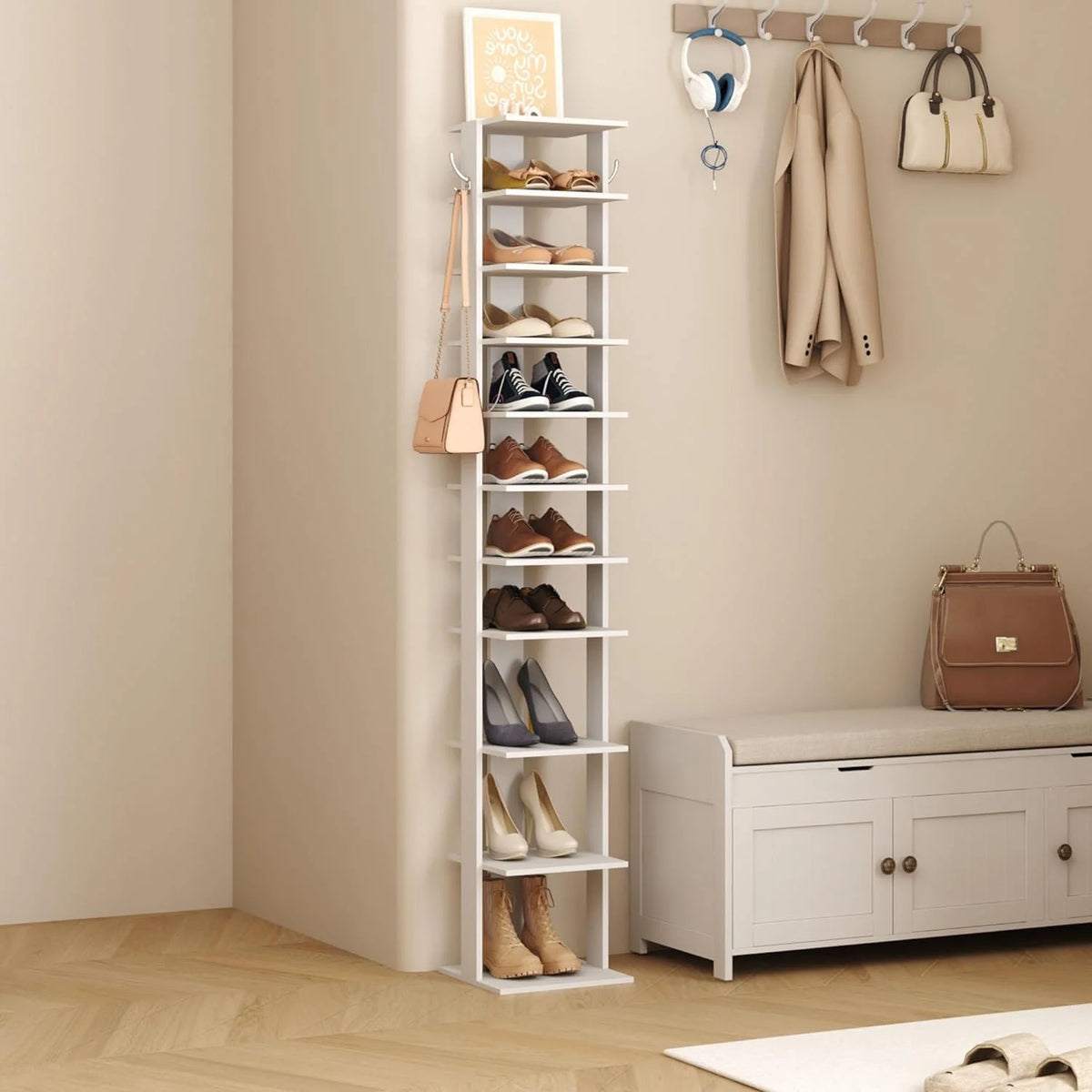 10-Tier Vertical Shoe Rack, Corner Shoe Tower, Slim Shoe Organizer with Two Hanging Hooks, Wooden Shoe Storage Stand (White) B90570