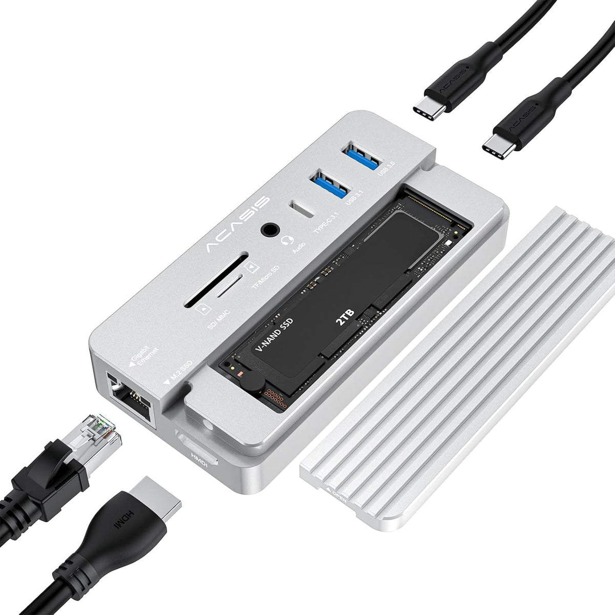 10-in-1 USB-C Docking Station with M.2 NVME and SATA SSD Enclosure HDMI Grey A702