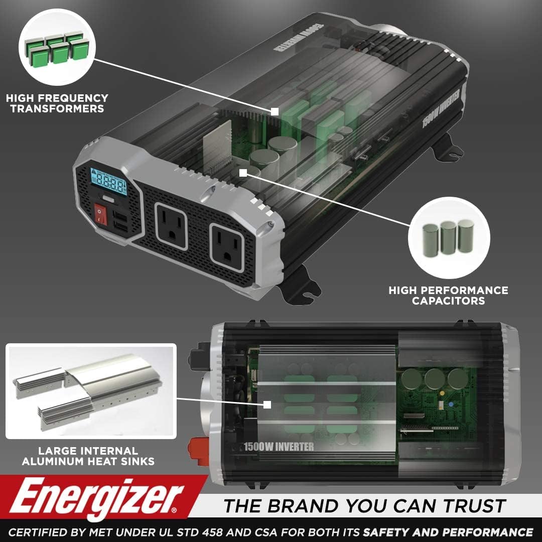 1500 Watts Modified Sine Wave Car Inverter, 12v to 110v, Two AC Outlets, Two USB Ports (2.4 Amp), DC to AC Converter N72652