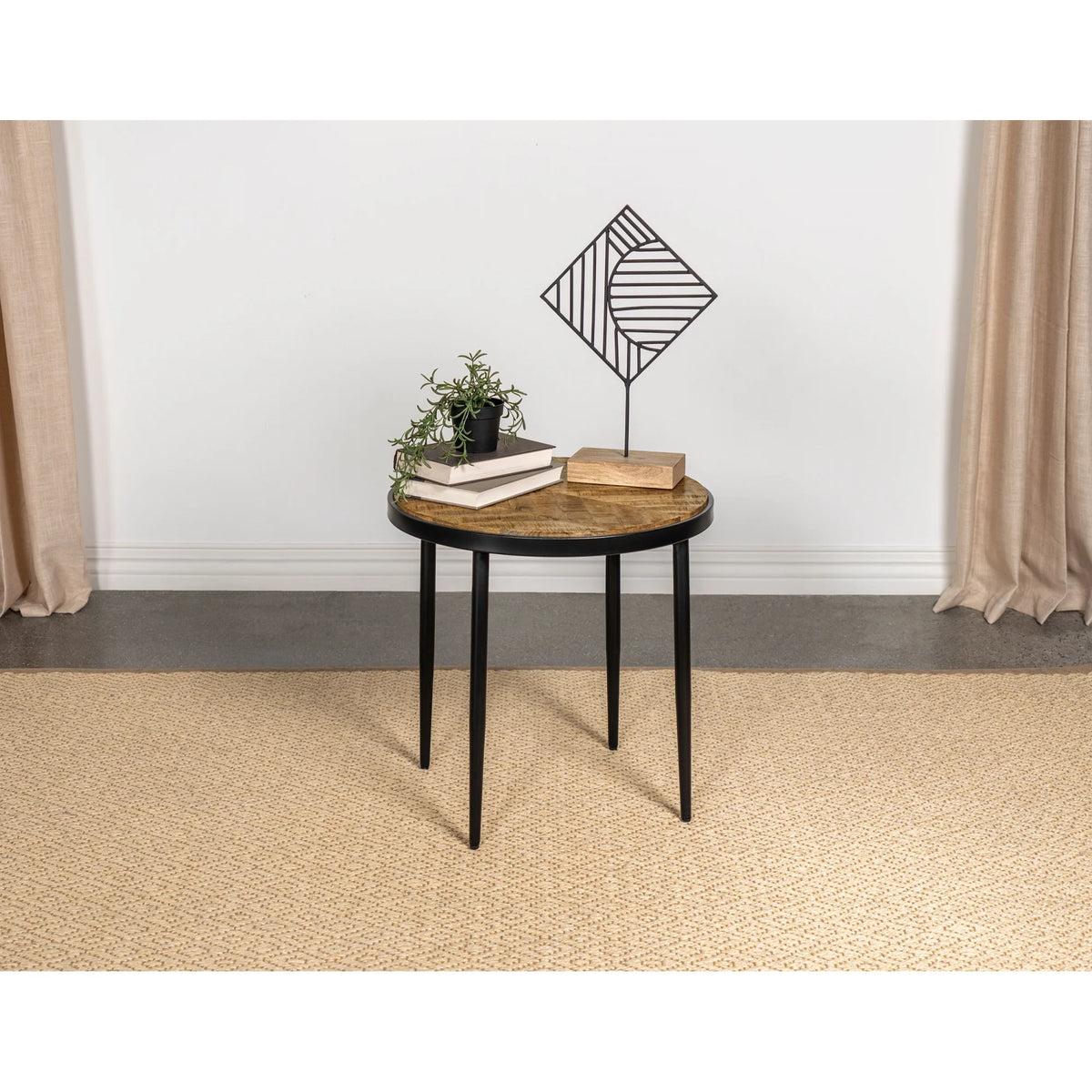Round Metal Side Table in Natural Mango and Black L9691