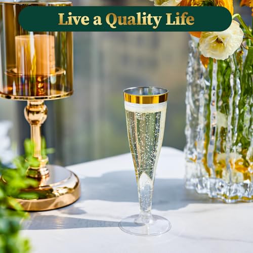 100 Pack 4.5 Oz Gold Rim Clear Plastic Champagne Flutes B12073