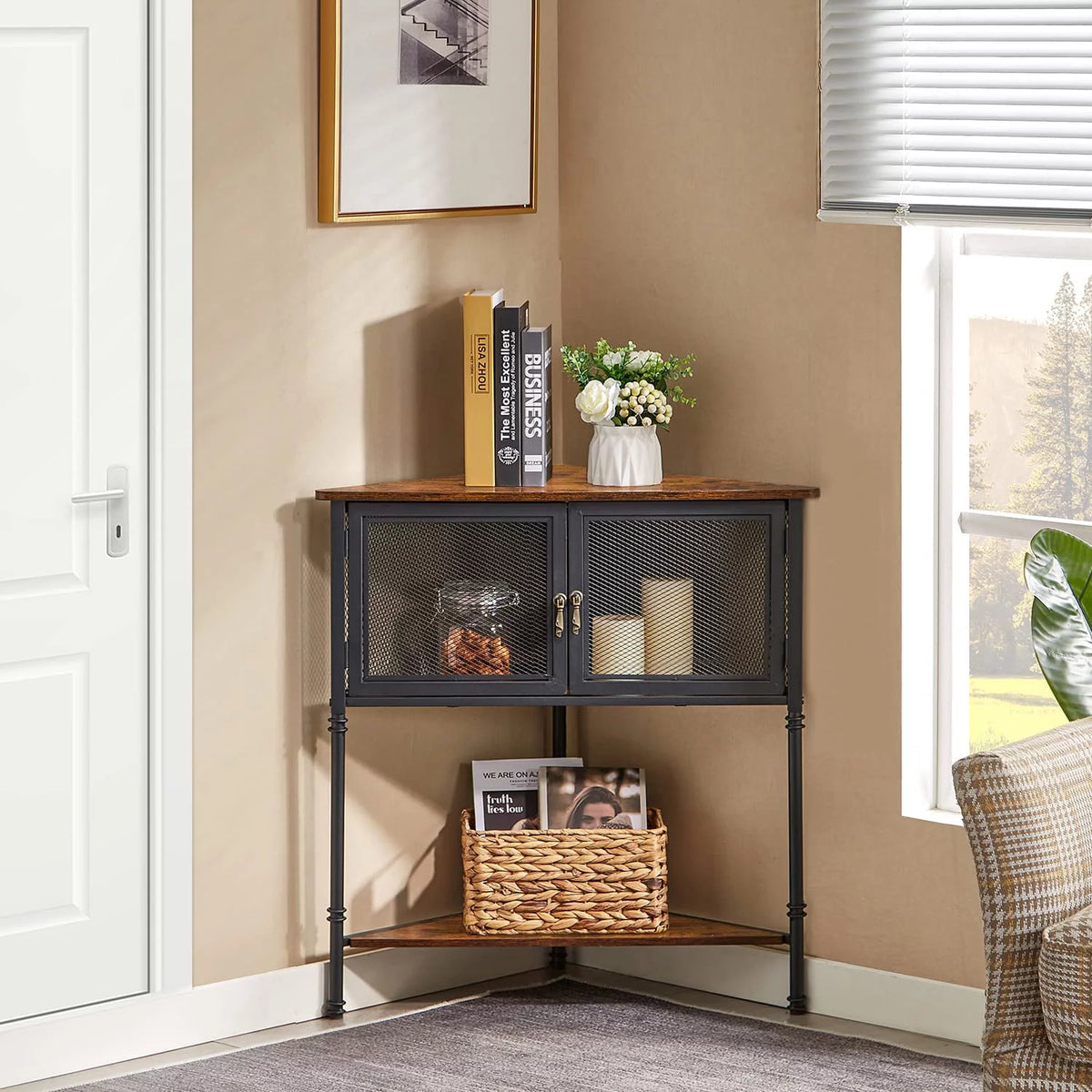 Brown 3-Tier Corner Shelf with Storage Cabinet F72408
