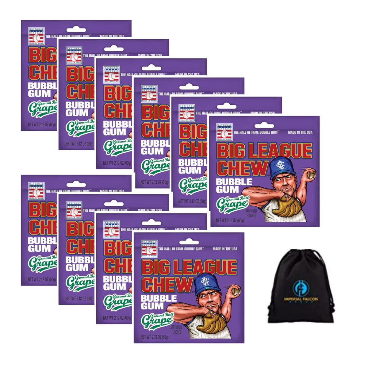 10 Pack 2.12oz Big League Chew Bags with Imperial Falcon Drawstring Carrying Bag E282697